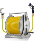 Heavy Duty Portable Hose Reel Cart with Extra Long Water Hose Beefy Stainless Steel Frame Easy Snap Together Setup keeps garden hoses tidy.