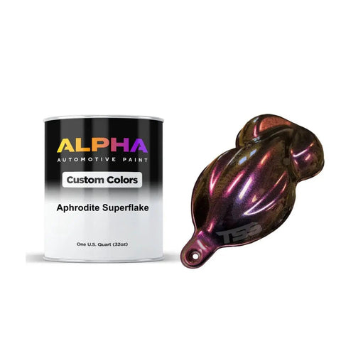 Garage Ready Superflake Automotive Basecoat Midcoat Gallon Straight From Can Drop Ready Spray Blend With Fast Set Medium Reducer For Hot Rod Custom Auto Paint And Smooth Finish next to quart can of Aphrodite Superflake.