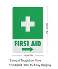 Right Arrow Green First Aid Sign 8x12 Inches Weatherproof Reflective Aluminum Plate, wall-mounted with pre-drilled holes.