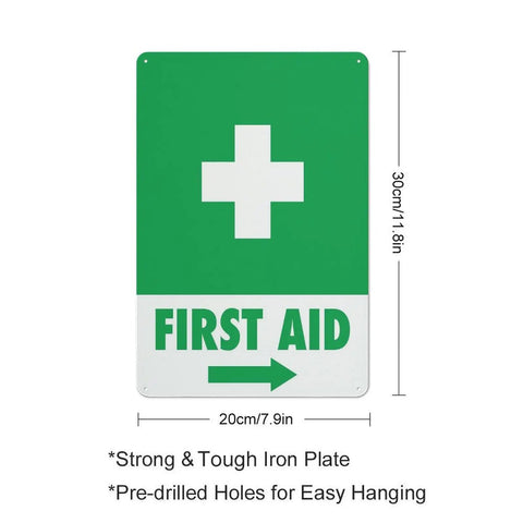 Right Arrow Green First Aid Sign 8x12 Inches Weatherproof Reflective Aluminum Plate, wall-mounted with pre-drilled holes.