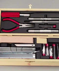 Deluxe Hobbyist Tool Kit for Modelers with Pro Grade Pliers, Fine Awl, and Tweezers in wooden chest open display