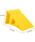2 Pack Heavy Duty Rubber Wheel Chocks featuring yellow design, traction treads, and dimensions 20.5cm x 11cm for vehicle blocking.