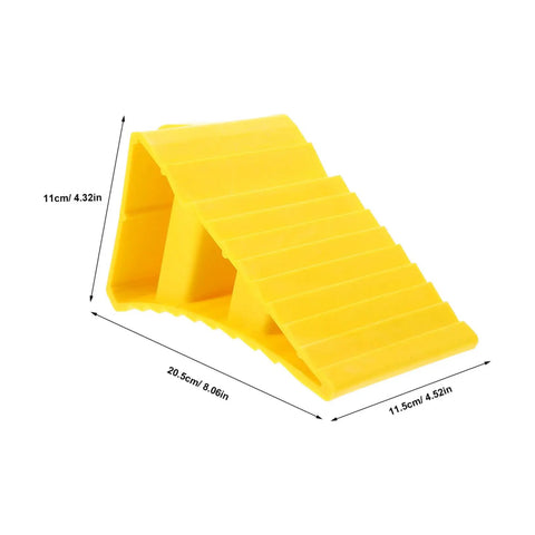 2 Pack Heavy Duty Rubber Wheel Chocks featuring yellow design, traction treads, and dimensions 20.5cm x 11cm for vehicle blocking.