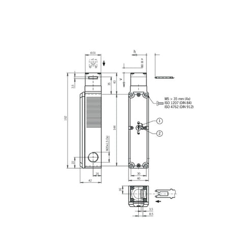 Technical diagram of Rugged Pro Grade Safety Switch Interlock Terminal, 192x42x40 mm, for Machine Guarding and Circuit Joint.