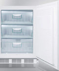 Interior view of Pro Grade White Upright Freezer Thirty Two Inches Tall Ada Accessible Build with three clear drawers.