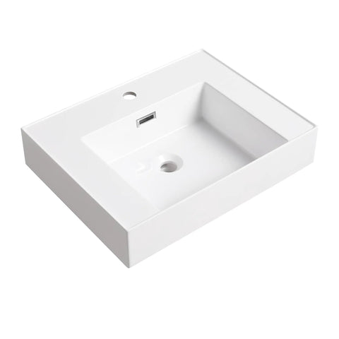HAOCHRYSYPH Bathroom Resin Sink, Gloss White, 23.60 L x 18.10 W x 4.70 H in, rectangular design with centered drain hole.
