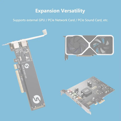 Expansion versatility showcasing external GPU, PCIe network card, and sound card for enhanced gaming and workstation performance.
