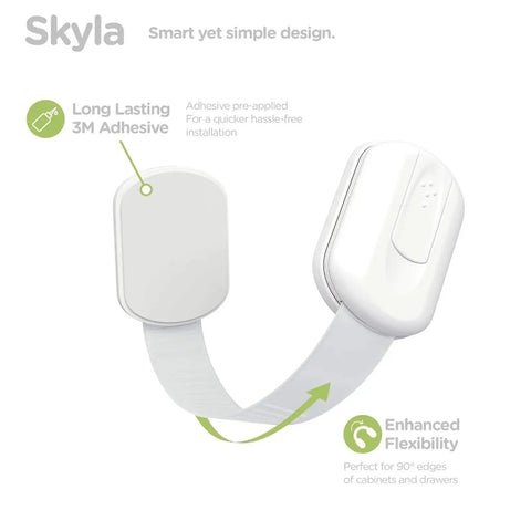 Close-up of 8 Pack No Drill Baby Proofing Cabinet Locks with 3M Adhesive showing flexible design and long-lasting adhesive