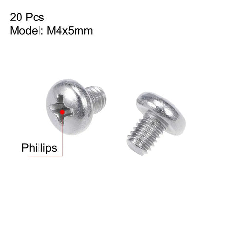 Legit Top Shelf M4x5mm Pan Head Phillips Machine Screws 304 Stainless Steel, two screws shown close-up.