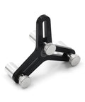 Universal piston ring squaring tool, angled view; black metal with silver knurled adjustment knobs for 2-5 inch bores