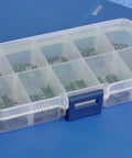 Front view of Electronics-Salon thick-film resistor assortment kit in clear plastic organizer with SIP-5/SIP-9 resistors.