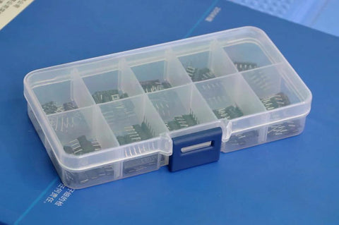 Front view of Electronics-Salon thick-film resistor assortment kit in clear plastic organizer with SIP-5/SIP-9 resistors.