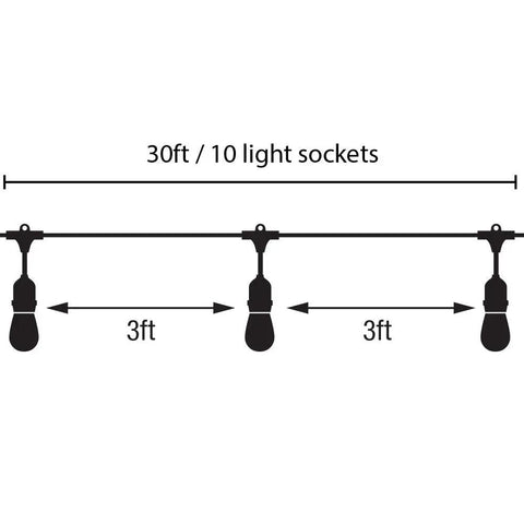 Diagram of 30 Foot Outdoor String Lights With 10 Incandescent Sockets Dimmable Weather Resistant Black Wire showing length and socket spacing.