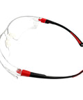 Kick Ass UV Safety Glasses With Wraparound Lens For Work And Sports Ansi Z87.1 Rated, clear lenses, adjustable red and black temples.