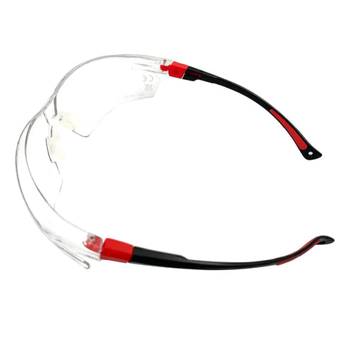 Kick Ass UV Safety Glasses With Wraparound Lens For Work And Sports Ansi Z87.1 Rated, clear lenses, adjustable red and black temples.