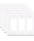 Front view of Three-Gang Decorative Wall Plates Pack Of Five Unbreakable Thermoplastic Faceplates in glossy white.