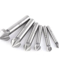 Angled view of Baxnore 6‑pc HSS countersink bit set with round shanks and 3‑flute cutters for chamfering/deburring