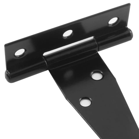 Close-up of Six Pack Of 3 Inch Black T Strap Shed Hinges Heavy Duty Gate Strap Hinges For Barn Doors Sheds Or Wooden Fences, solid iron