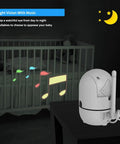 Seriously Solid No Wifi Baby Monitor Camera And Audio With Super Crisp Five Inch Screen, Smooth Pan And Tilt Control, Crystal Clear Two Way Talk, Totally Hassle Free Setup, Plus All Day Battery Power in a room with night vision and musical notes.