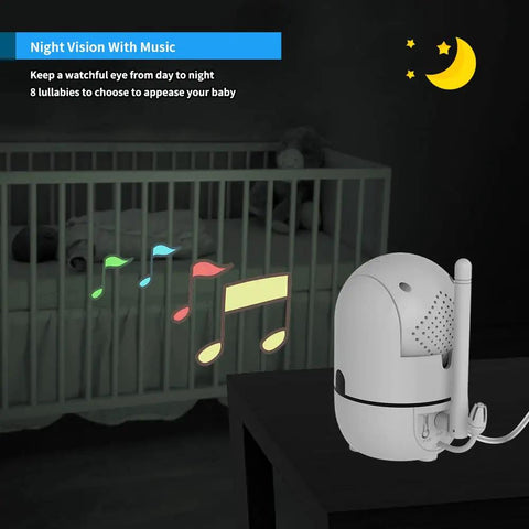 Seriously Solid No Wifi Baby Monitor Camera And Audio With Super Crisp Five Inch Screen, Smooth Pan And Tilt Control, Crystal Clear Two Way Talk, Totally Hassle Free Setup, Plus All Day Battery Power in a room with night vision and musical notes.