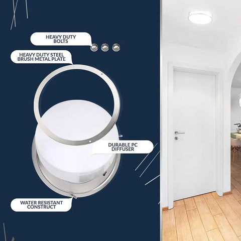Dimmable LED Ceiling Light With Dope Double Ring Design For Hallways Bedrooms Closets And Kitchens 22W 1800 Lumens 5 Color Temperatures Brushed Nickel ETL Listed Energy Saving Fixture with parts diagram and installed view