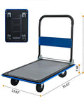 Heavy Duty Workhorse Folding Platform Truck With 660 Lb Capacity, Flatbed Hand Truck On 360 Degree Swivel TPR Silent Wheels, Non Slip Utility Dolly For Moving Boxes In Warehouse Garage And Office, Durable Steel Frame Blue, foldable steel frame with dimensions