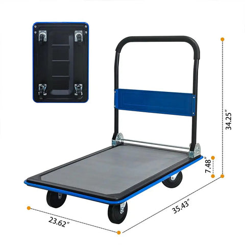Heavy Duty Workhorse Folding Platform Truck With 660 Lb Capacity, Flatbed Hand Truck On 360 Degree Swivel TPR Silent Wheels, Non Slip Utility Dolly For Moving Boxes In Warehouse Garage And Office, Durable Steel Frame Blue, foldable steel frame with dimensions