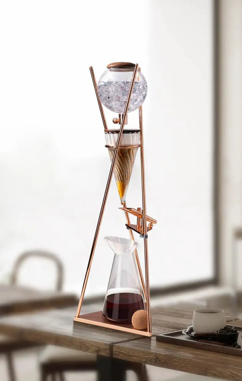 Premium Smooth Cold Brew Drip Tower With Sturdy Stainless Steel Stand Adjustable Flow Controller Iced Coffee Maker on wooden table.