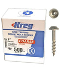 Box of Zinc Pocket Hole Screws 1 Inch Coarse Thread Maxi Loc Flat Head 500 Count with one screw shown