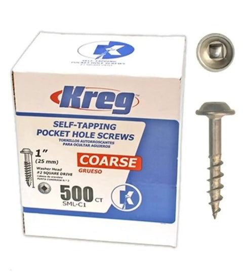Box of Zinc Pocket Hole Screws 1 Inch Coarse Thread Maxi Loc Flat Head 500 Count For Woodworking Cabinets Indoor Use