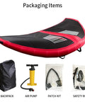 Inflatable Surfing Wing 5m2 Handheld Kitesurf Wing with backpack, air pump, patch kit, and safety rope accessories.