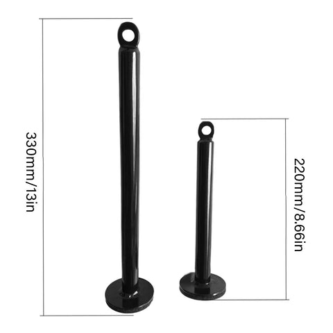 Two black metal weight plate loading pins for heavy duty dumbbell and barbell rack holder with dimensions for home gym.