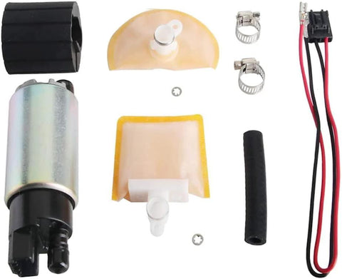 Beefed Up 255 LPH High Flow In Tank Electric Fuel Pump Kit With Strainer Filter Gasket Hose Stainless Steel Clamps And Universal Wiring Harness MCP 203A For Honda Acura Toyota Nissan Mazda Mitsubishi And Plymouth Laser Turbo Cars components visible