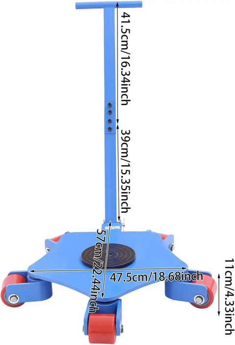 Heavy Duty Machinery Skates Carrying 4409 Lbs And Designed For No Sweat Equipment Moving With A Beast Mode Carbon Steel Base And Smooth PU Casters, showing dimensions and design.