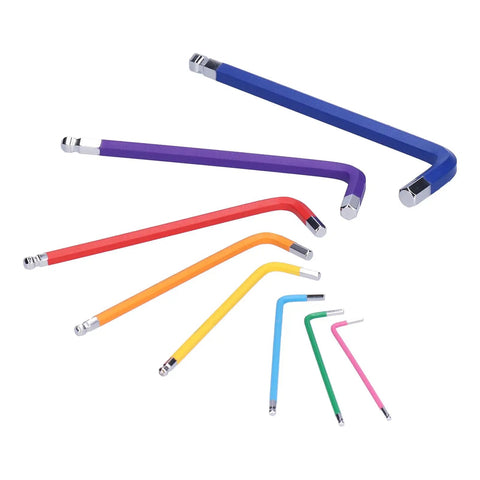 Top Tier 9 Piece Chrome Vanadium Hex Key Wrench Set with Textured Non Slip Grip For Tough Maintenance, Assembly Jobs At Home or Garage, Ball Flat Ends, Color Coded L Keys To Tackle Any Bolt. Color-coded hex key wrenches with ball ends