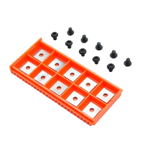 12Mm Square Tungsten Carbide Router Bit Replacement Inserts With Mounting Hardware, orange storage case with black screws.
