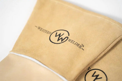 Close-up of Stick Welding Gloves Heat Resistant With Pro Grade Premium Grain Cowhide Leather Heavy Duty Cotton Lining showing logo
