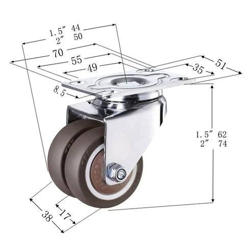 Four Piece Set Of Two Inch Brake Swivel Caster Wheels That Roll Slick And Dead Quiet On Hardwood Or Tile dimensions with dual wheels and locking mechanism