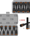 Top Notch Heavy Duty Hex Socket Adapter Kit Made From Tough Chrome Vanadium Steel For 1/2 Inch Drivers With H4 To H17 Bits In Short 55mm Lengths, Perfect For Factory Work And Auto Repairs That Need Real Grit And Precision. 9-piece case set