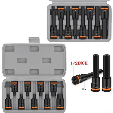 Top Notch Heavy Duty Hex Socket Adapter Kit Made From Tough Chrome Vanadium Steel For 1/2 Inch Drivers With H4 To H17 Bits In Short 55mm Lengths, Perfect For Factory Work And Auto Repairs That Need Real Grit And Precision. 9-piece case set