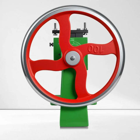 Heavy Duty Cast Iron Arbor Press With 47mm Stroke Manual Crank Bench Tool Beefy Build Designed For Real Shop Punching And Precision Stamping Work That Runs Like A Top Without Any Fuss Or Problems - Front view of red wheel and green body.