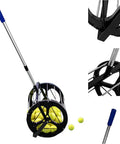 Rolling Tennis Ball Picker With Basket And Pole, Automatic Ball Hopper with tennis balls, rust-resistant metal construction close-up.