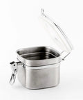 Solid Heavy Duty Stainless Steel Coffee Canister With Tight Snap Buckle And Wide Mouth Design, open view showcasing storage interior.