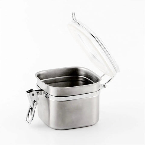 Solid Heavy Duty Stainless Steel Coffee Canister With Tight Snap Buckle And Wide Mouth Design, open view showcasing storage interior.