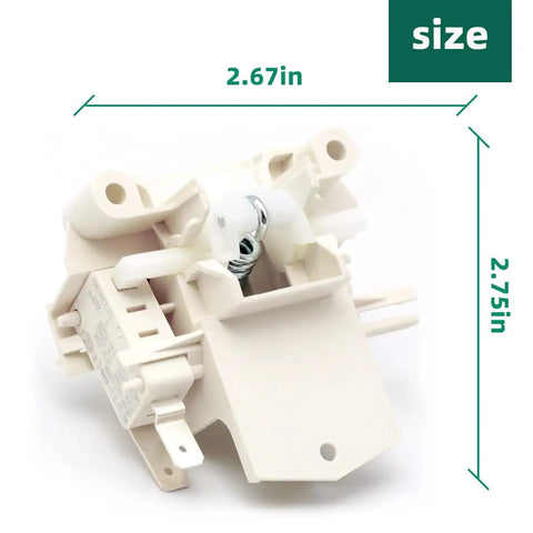 Dishwasher Door Switch Latch Lock OEM Replacement Part No Fuss DD81-02132A, white latch dimensions 2.67x2.75 inches.
