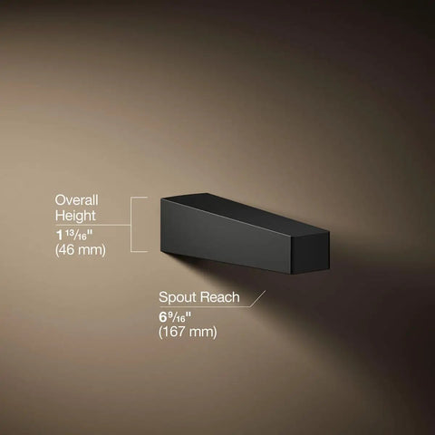 Matte Black Wall Mount Bath Spout For Honesty Collection With No Diverter Design, showing overall height and spout reach.