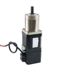 Front view of a DC stepper motor with metal gearbox, black housing and protruding shaft.