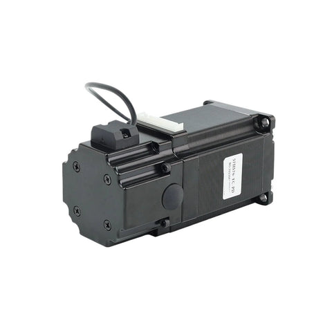 Side view of a black Nema 23 2.8A four-lead stepper motor with white connector