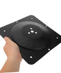 Heavy Duty Cast Iron Coffee Table Leg Connector Plate With Rock Solid Mounting Screws Built Tough, matte black bracket held in hand.