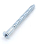 Close-up of M5 x 50mm confirmat screw for furniture assembly, zinc plated with countersunk head and threaded body.